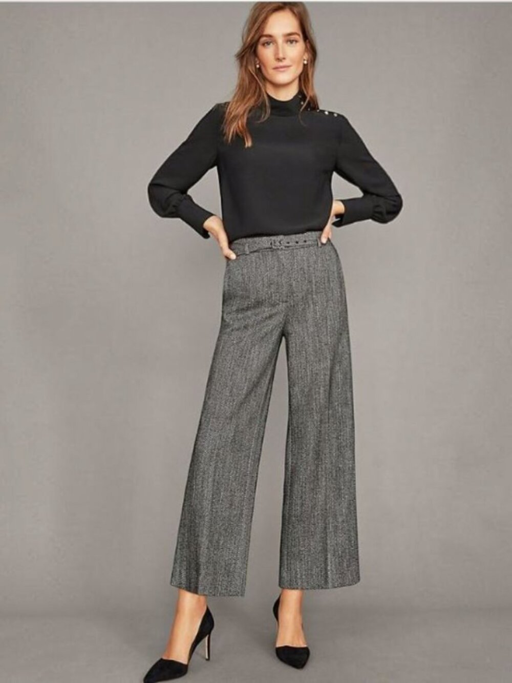 Ann Taylor THE MARINA Belted Wide-Leg Cropped Pants Herringbone Black White 10